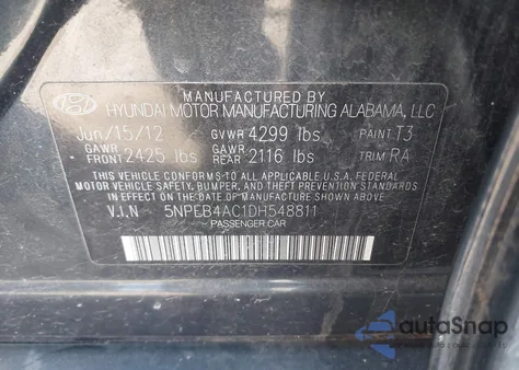 2013 Hyundai Sonata Gls z USA, uszkodzony, nr VIN 5NPEB4AC1DH548811